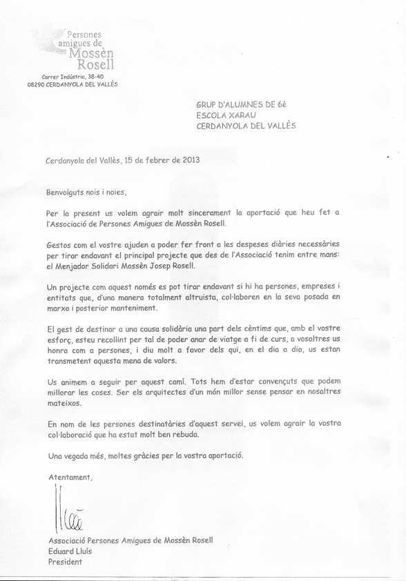 Carta d'agraïment de L'Associació Persones Amigues de Mossèn Rosell